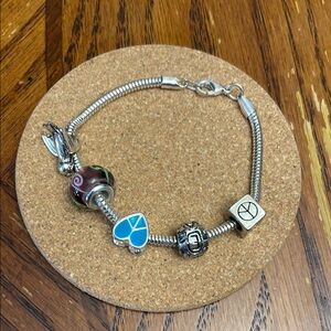 Silver Charm Bracelet Pendora-Style Stainless Steel Peace Charm Bracelet